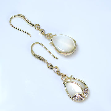 White Cat Eye Stone Drop Dangle Bridal Earrings, Crystal Bridal Earrings, Statement Earrings Cz